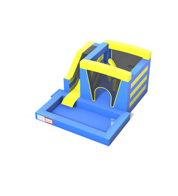 Maison gonflable bleu jaune avec toboggan et piscine