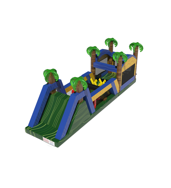 Un terrain de jeu gonflable tropical: une piste d'obstacles amusante